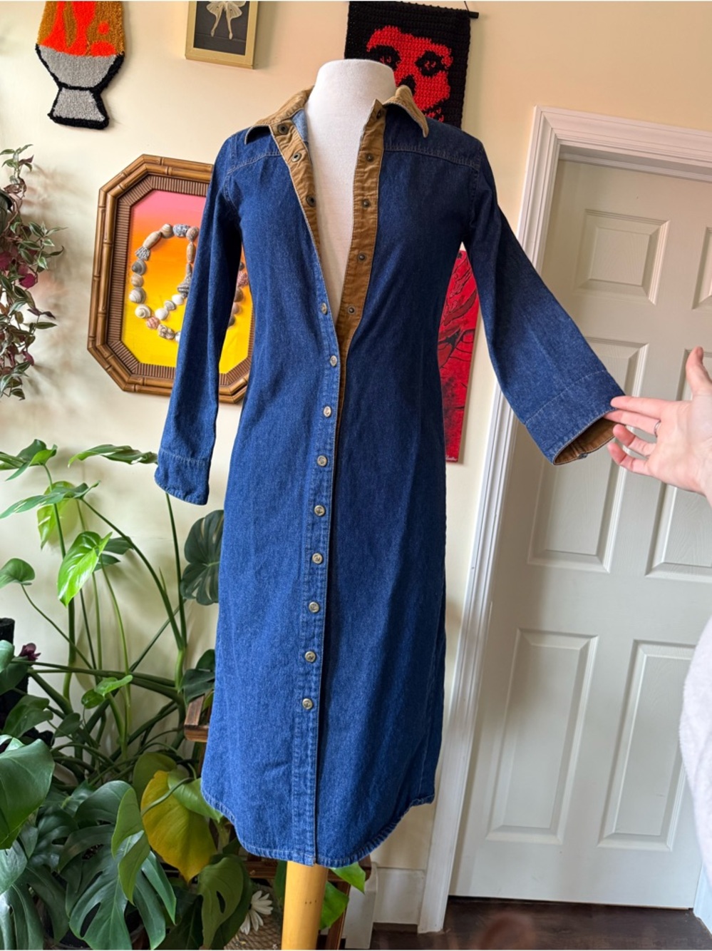 Vintage 90’s Classic Indigo Denim Midi Dress with Contrast Corduroy Collar